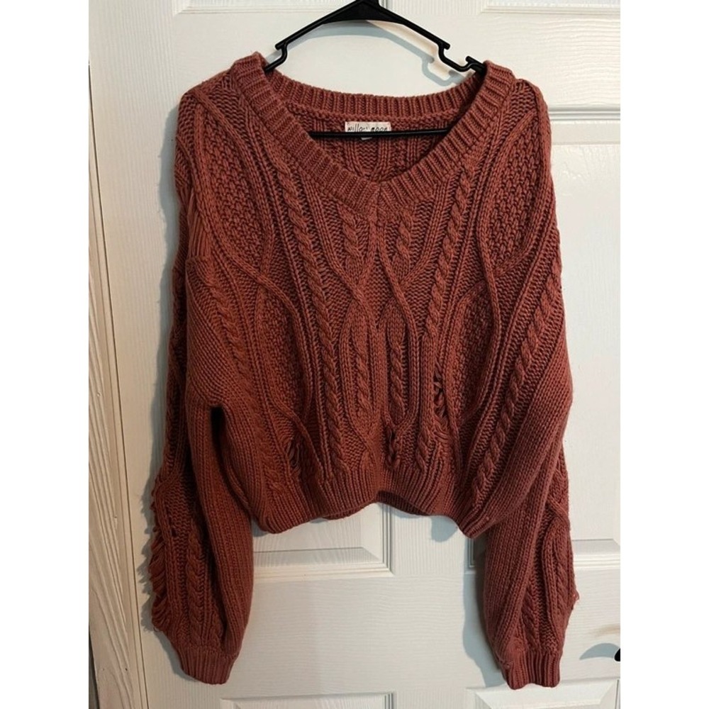 Willow Moon Mauve Distressed Cable Knit V-Neck Sweater Women's Medium